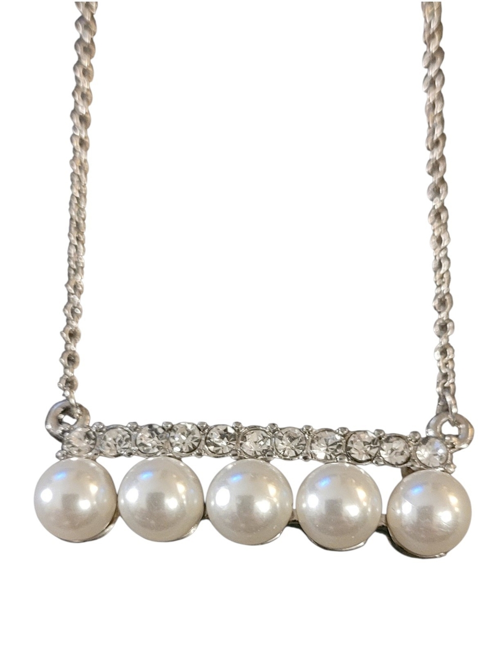 Classic Silver Bar Necklace with White Pearls